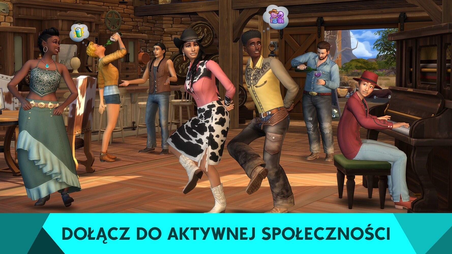 Grupa ludzi w otoczeniu w stylu western. Niektórzy tańczą i dobrze się bawią. Jest bar i fortepian.