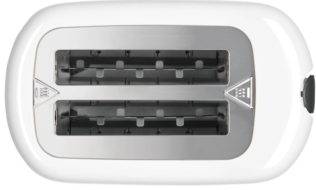 Biały toster z dwoma otworami, widok z góry, na białym tle.