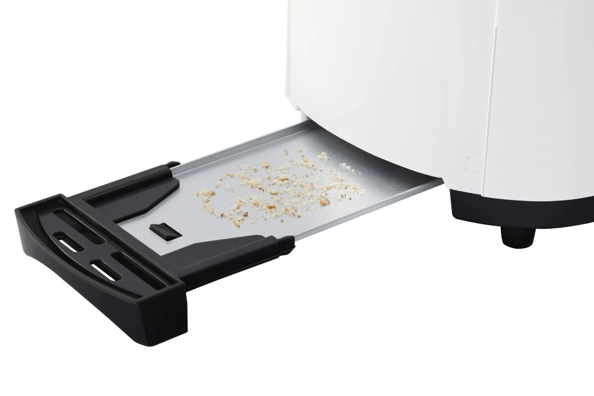 Biały toster z wysuniętą tacką na okruchy. Białe tło.