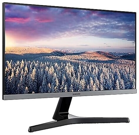 Monitor z krajobrazem śnieżnym. Monitor ma srebrną ramę i czarną podstawę.
