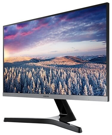 Monitor komputerowy Samsung wyświetla zimowy krajobraz z ośnieżonymi drzewami i kolorowym niebem. Monitor ma czarną podstawę.