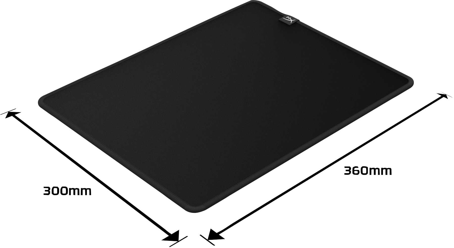 Ein schwarzes Mauspad mit den Abmessungen 300 mm x 360 mm, mit Pfeilen.
