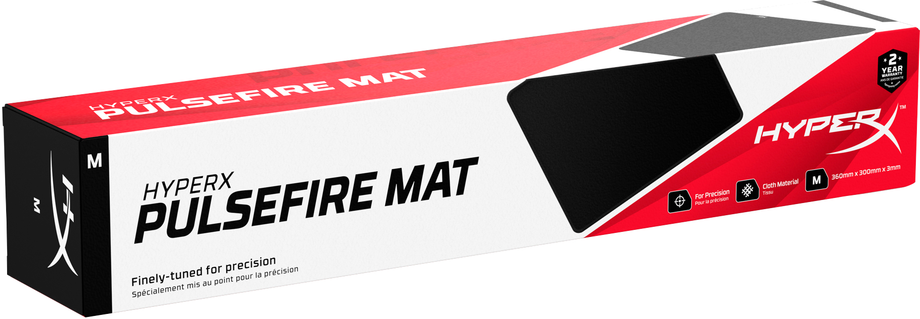 Eine rechteckige Schachtel für eine HyperX Pulsefire Matte. Sie ist schwarz und rot, der Markenname ist sichtbar.