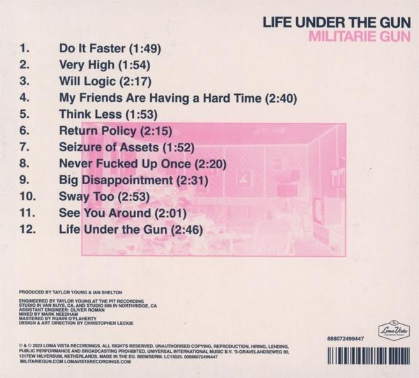 Album-Rückseite mit Titelliste: 'Life Under The Gun' von Militarie Gun.