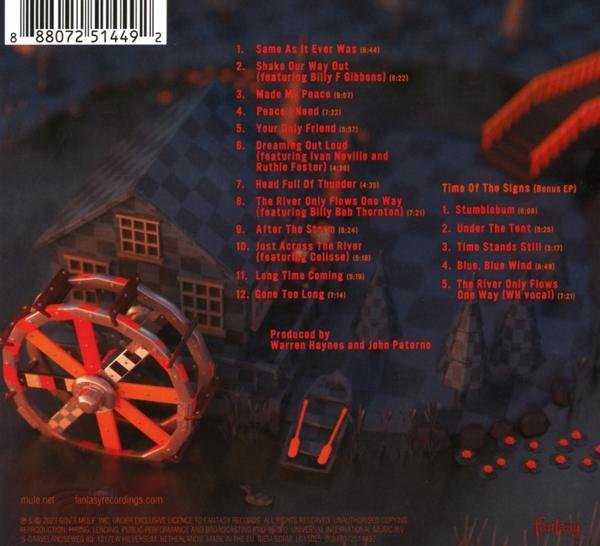 Rückseite einer CD, mit Haus, Wasserrad und Titelliste der Songs.
