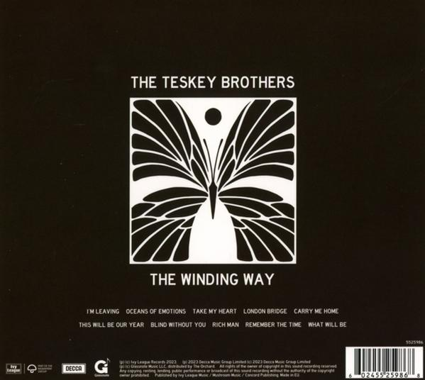 Schwarzes Albumcover mit weißem Schmetterlingsdesign und Text: The Teskey Brothers, The Winding Way.