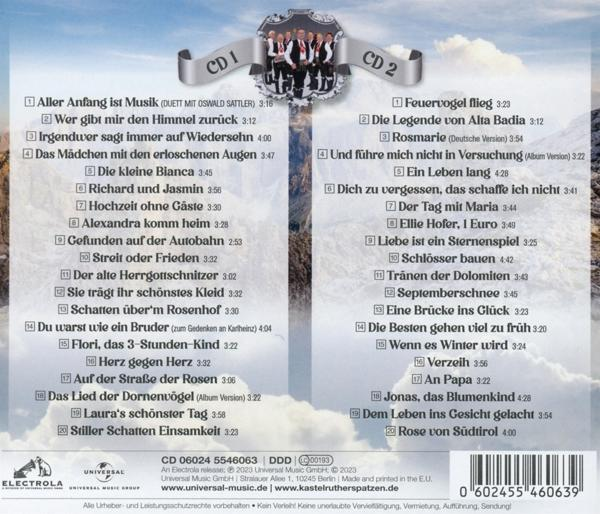 Rückseite einer CD mit deutschem Text, Bildern von Sängern und einer schneebedeckten Berglandschaft.