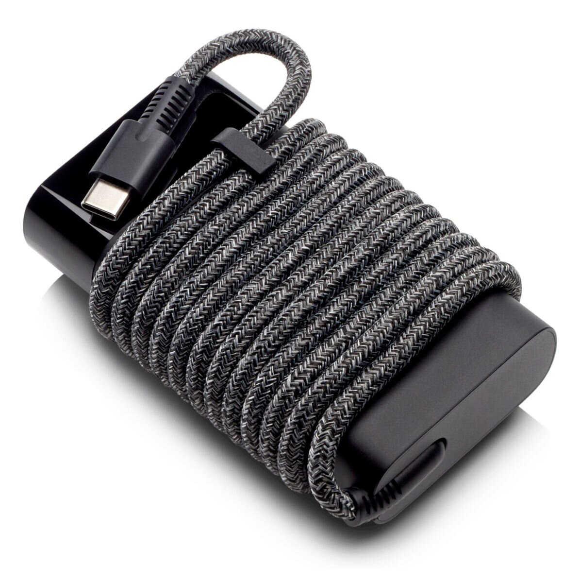 Czarny zasilacz z szarym plecionym kablem, owiniętym wokół, z wtyczką USB-C.