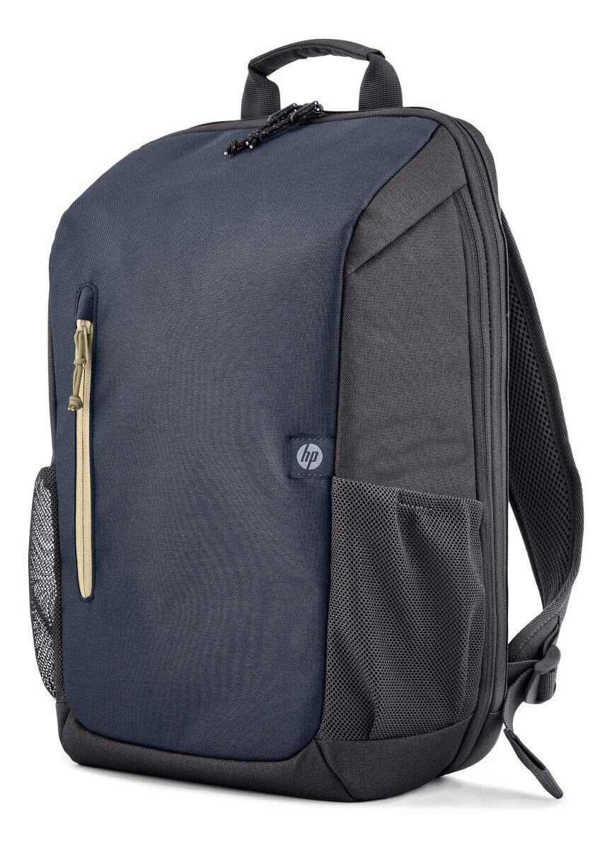 Granatowo-szary plecak HP z boczną kieszenią i uchwytem na górze.