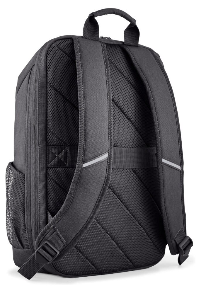 Czarny plecak z paskami i boczną kieszenią z siatki. Tył jest wyściełany.