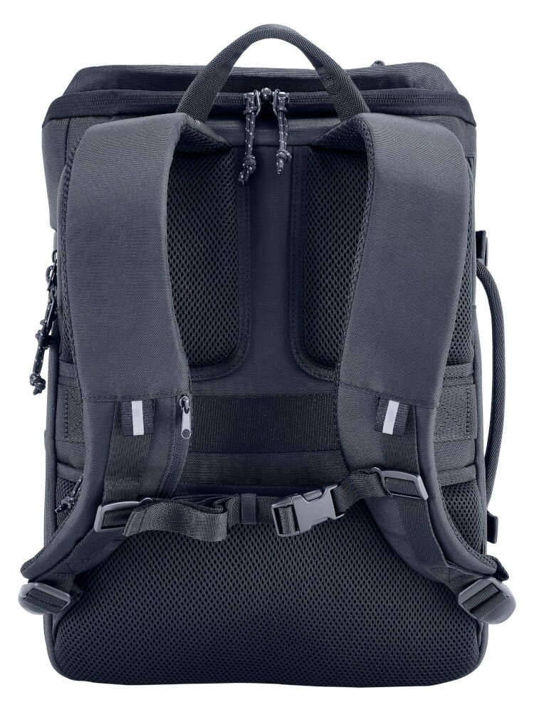 Widok z tyłu ciemnoszarego plecaka z paskami i siatkowymi detalami.