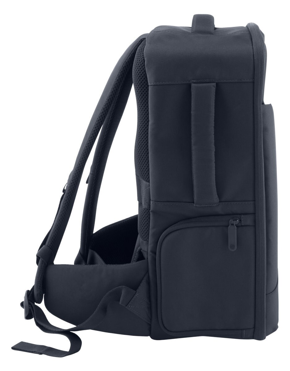 Czarny plecak HP, profil boczny.