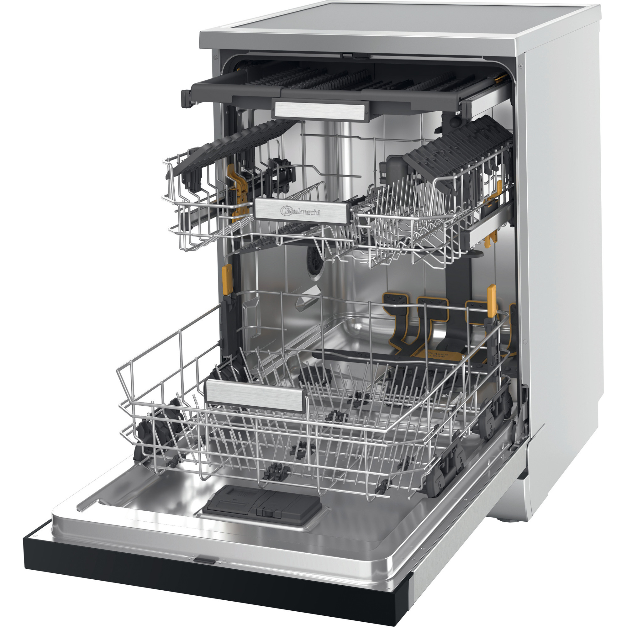 Ein Whirlpool-Geschirrspüler mit offener Tür, der das Innere zeigt.