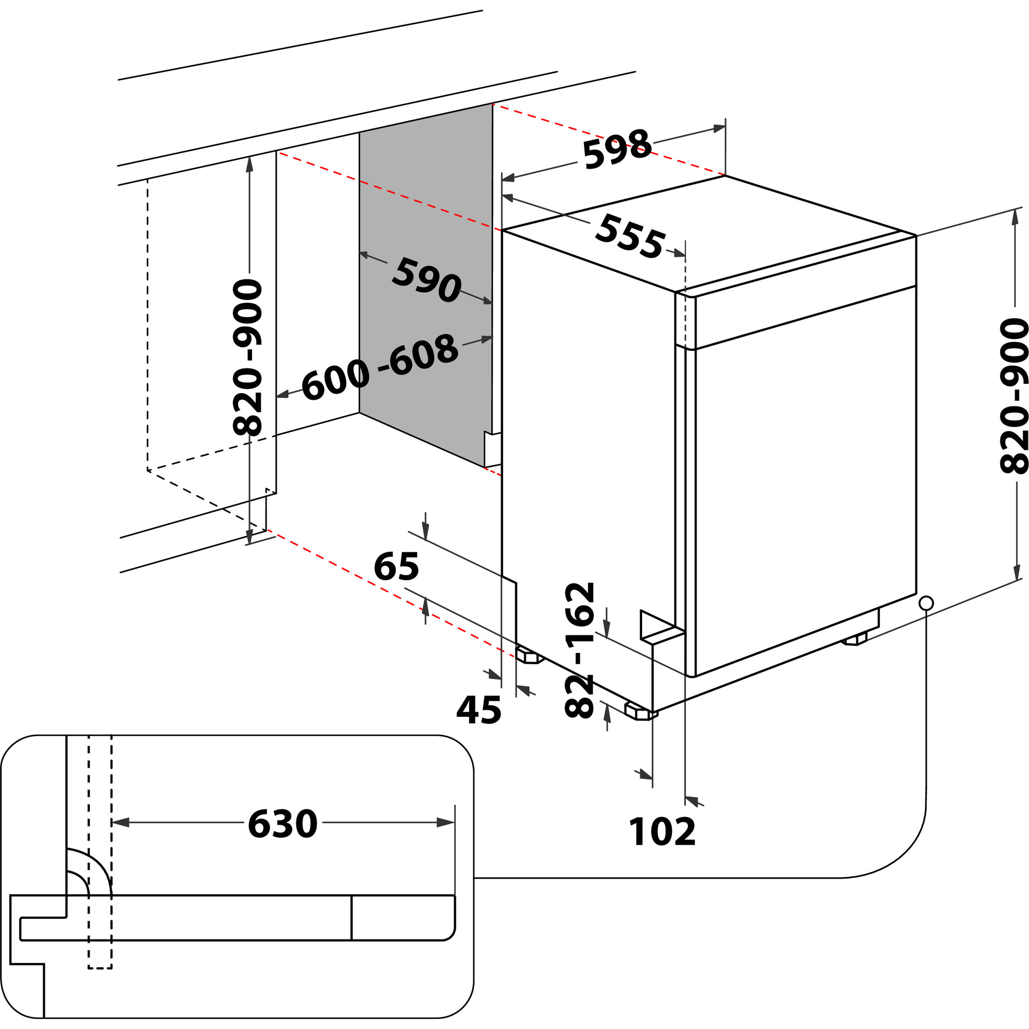 Diagramm eines Geschirrspülers mit Maßen.