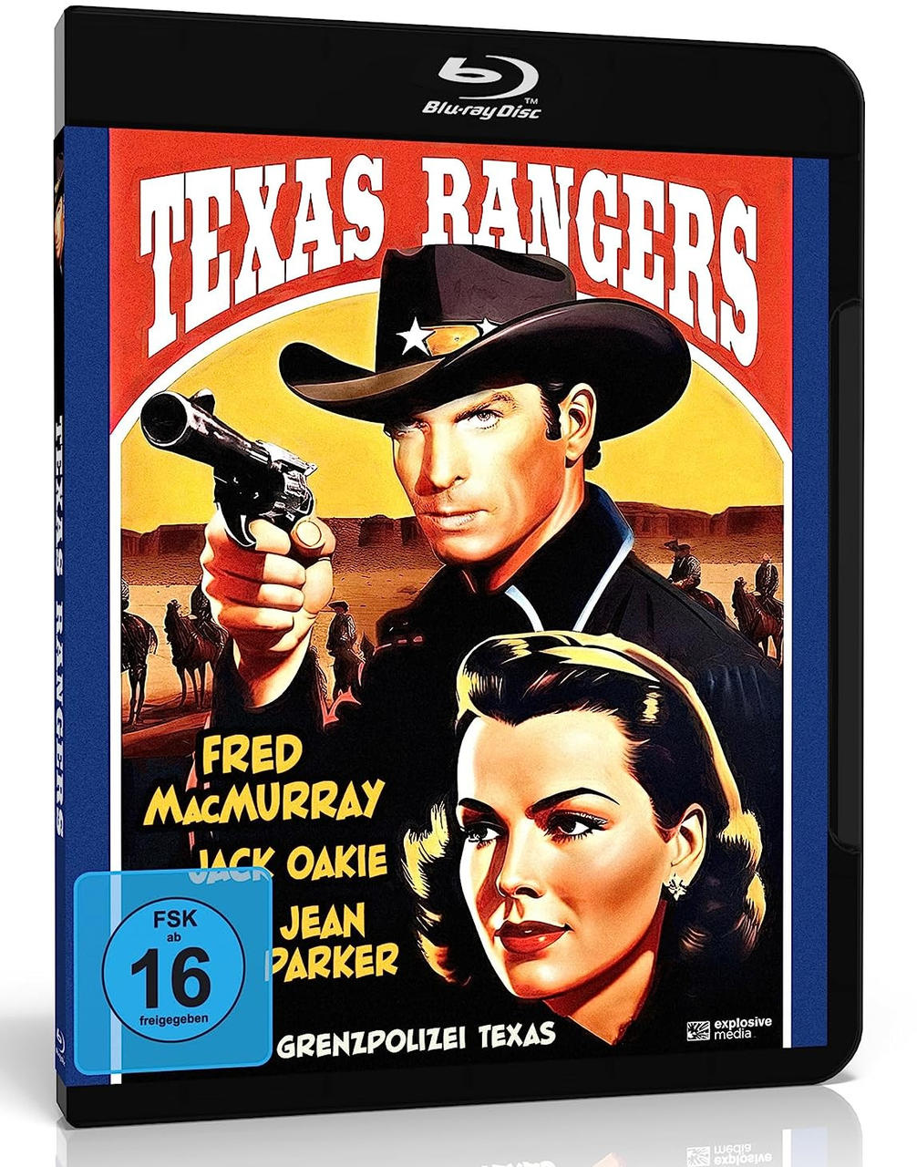 Blu-ray-Disc-Hülle für 'Texas Rangers' mit einem Cowboy, der eine Waffe hält, und einer Frau.