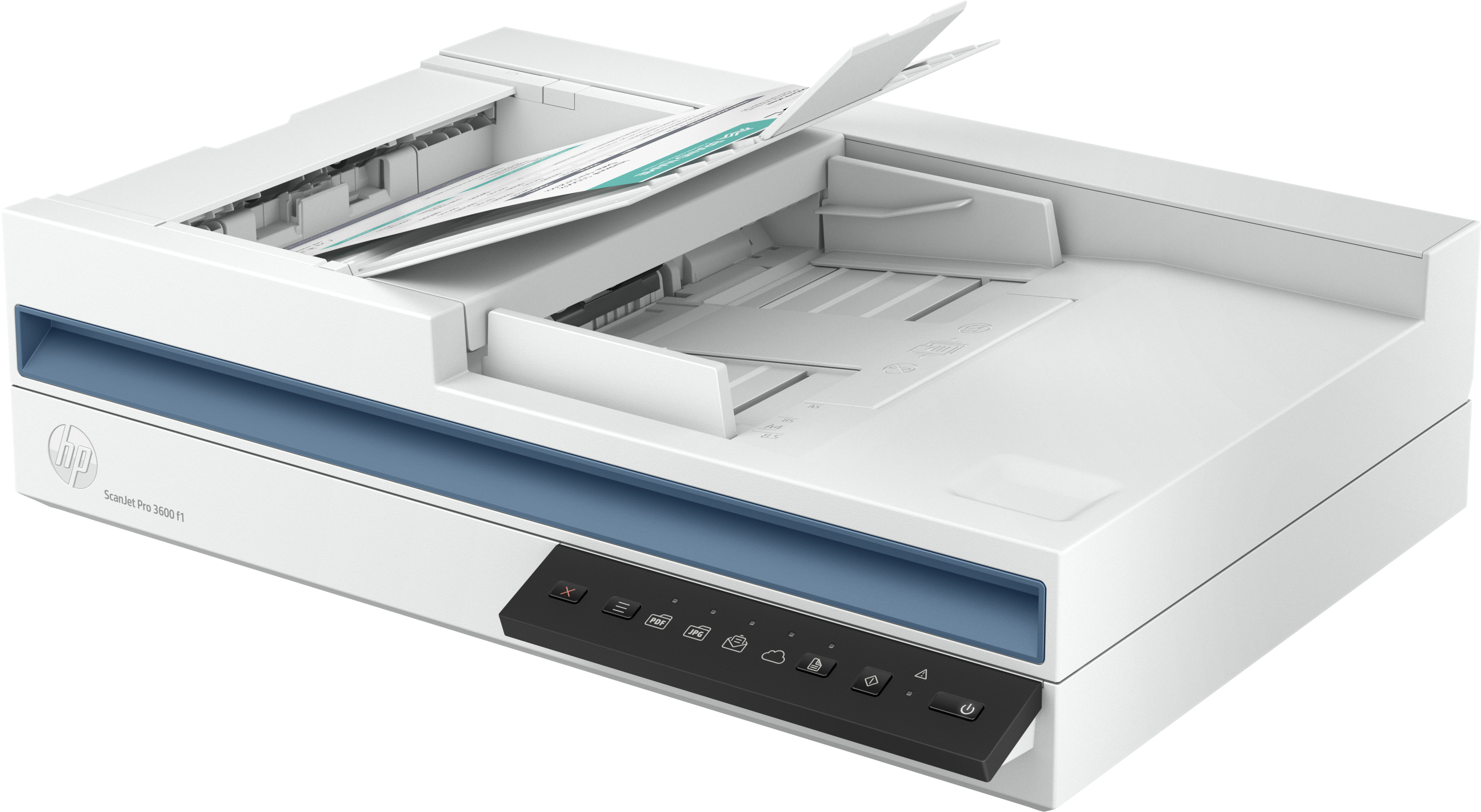 Ein weißer HP ScanJet Pro 3000 s1 Scanner mit offenem Deckel, Dokumenten und Bedienfeld.