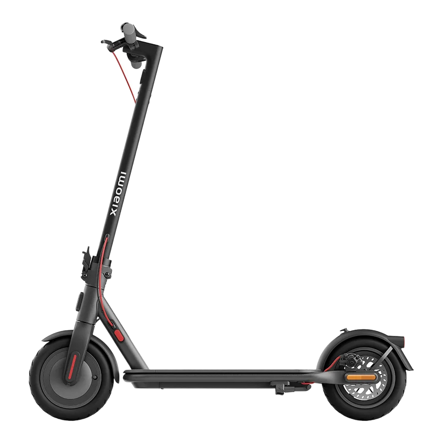 Trottinette électrique Xiaomi noire, vue de côté, avec des touches de rouge sur fond blanc.
