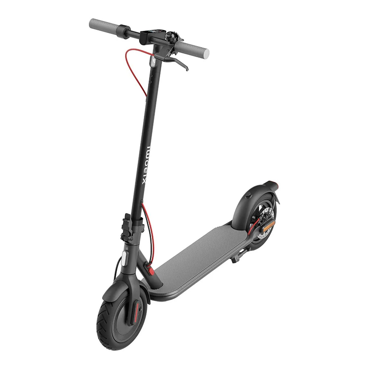 Une trottinette électrique noire avec un câble rouge. Comprend une plateforme grise et un guidon noir.