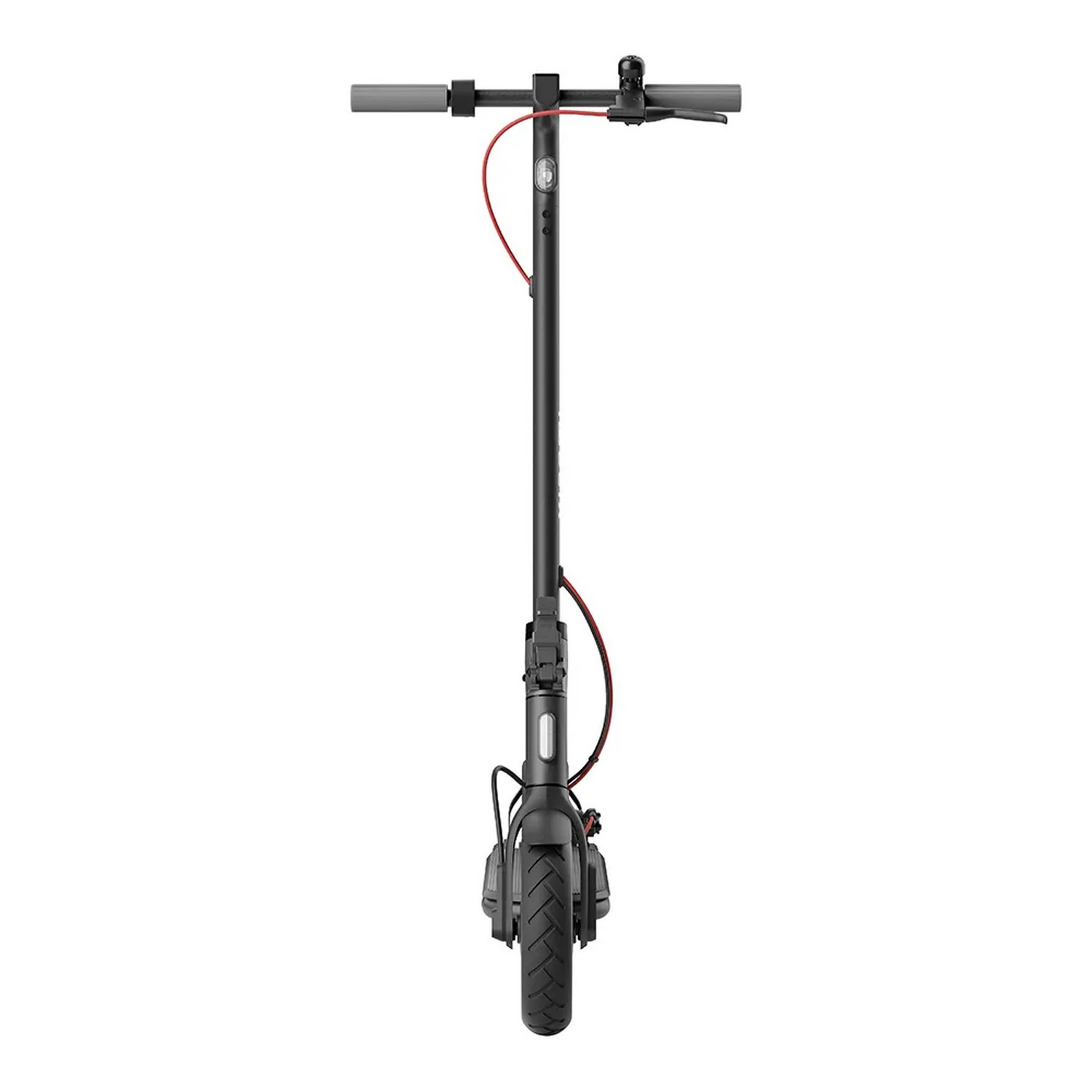Une trottinette électrique noire, vue de face, avec des détails de câble rouge.