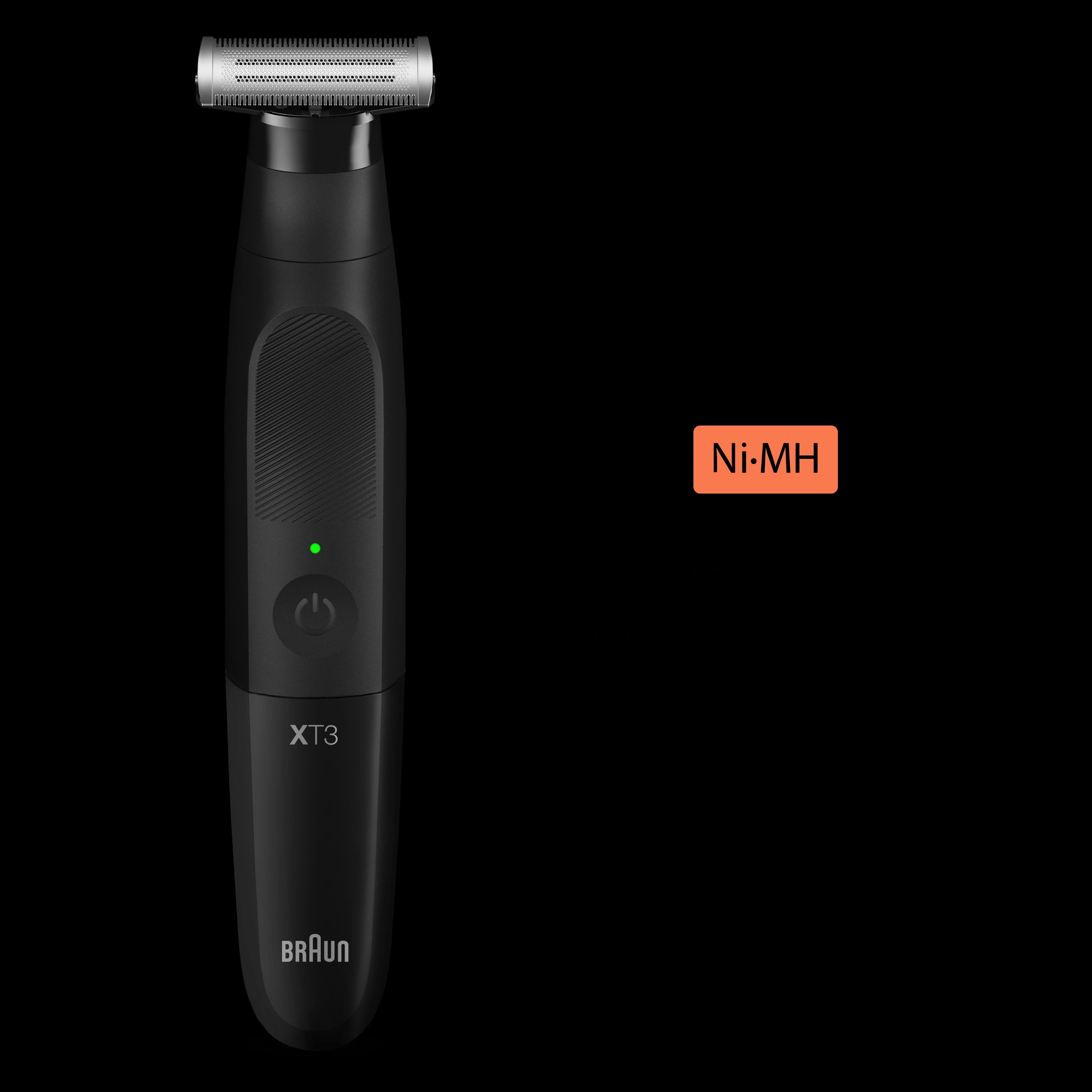 Black Braun XT3 trimmer, showing the power button and Ni-MH battery label.