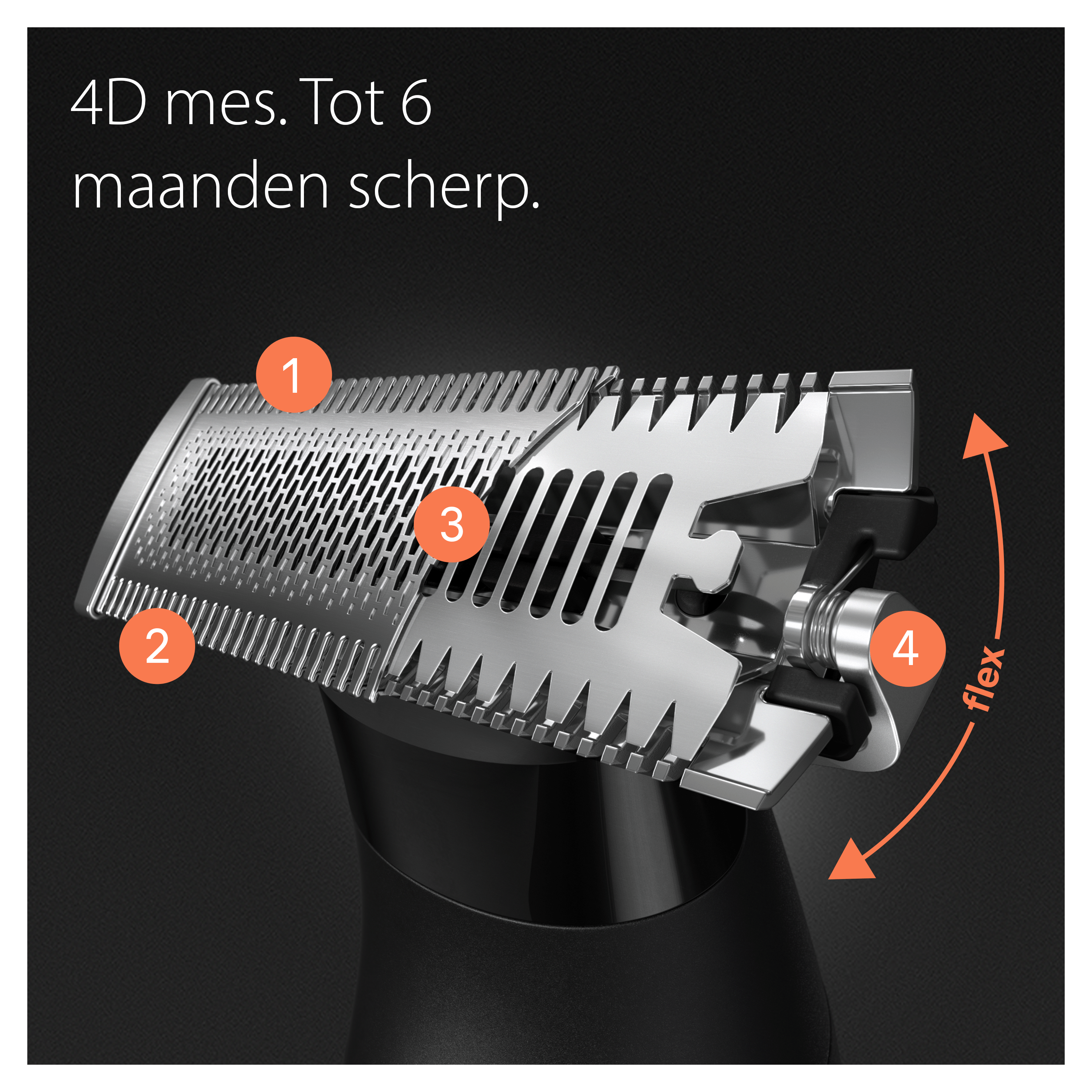 Close-up of a shaver head showing blades and the 'flex' feature for the blades.