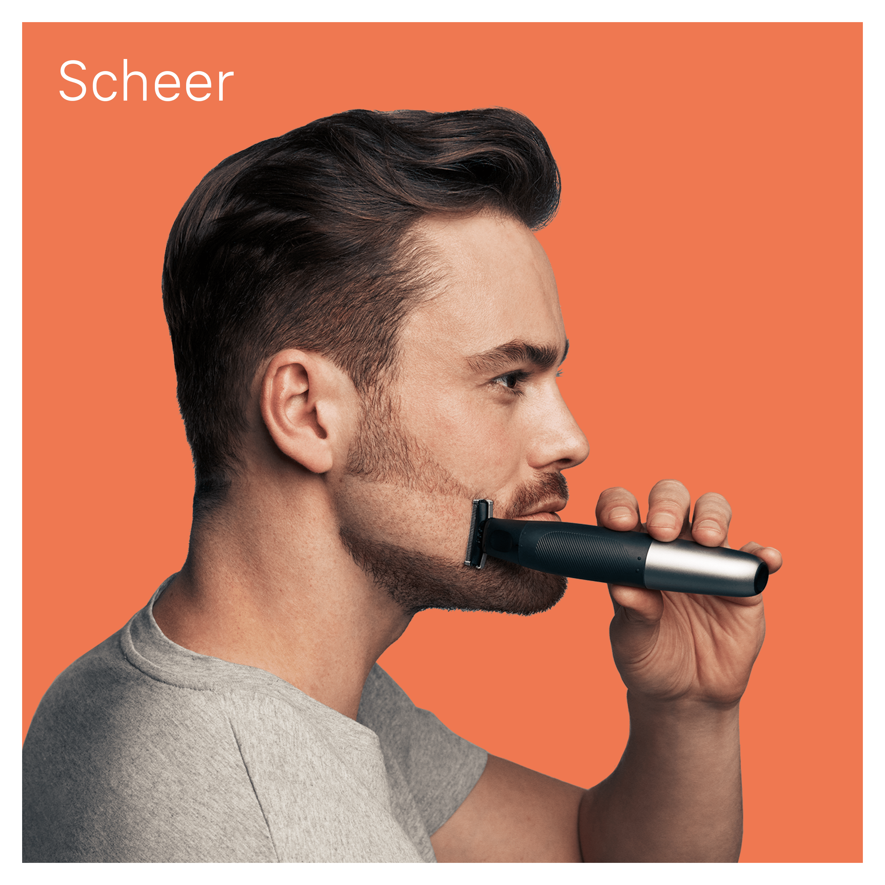 Man using a trimmer on his beard, side profile. Orange background. Text 'Scheer' is visible.