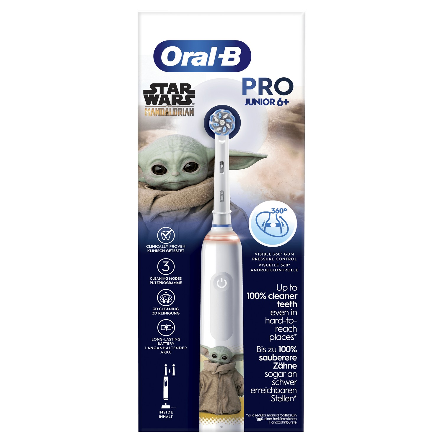 Brosse à dents Oral-B Pro Junior 6+ Star Wars avec Bébé Yoda.