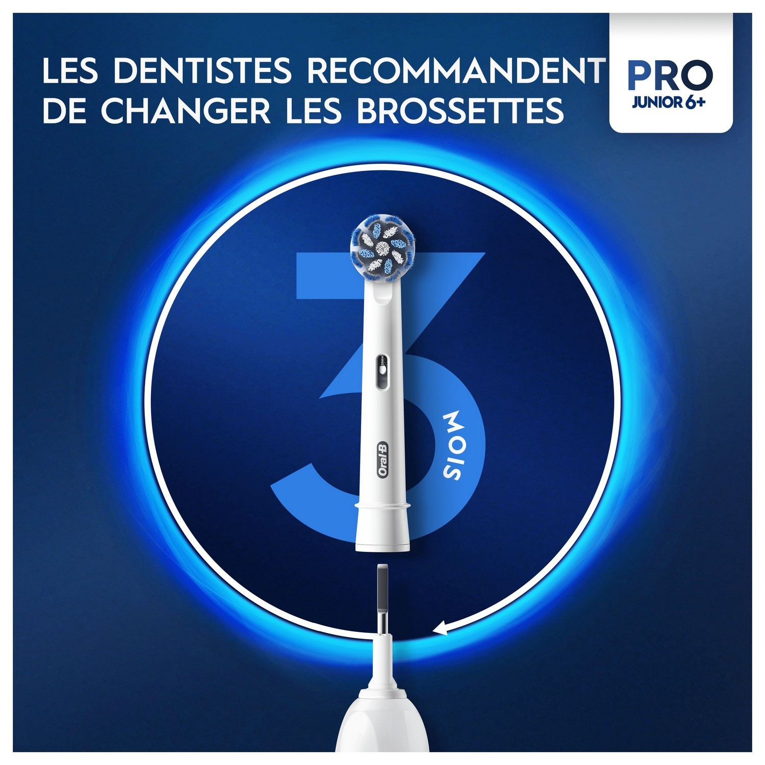 Une tête de brosse à dents avec un chiffre 3 bleu, indiquant les mois pour remplacer la brosse.