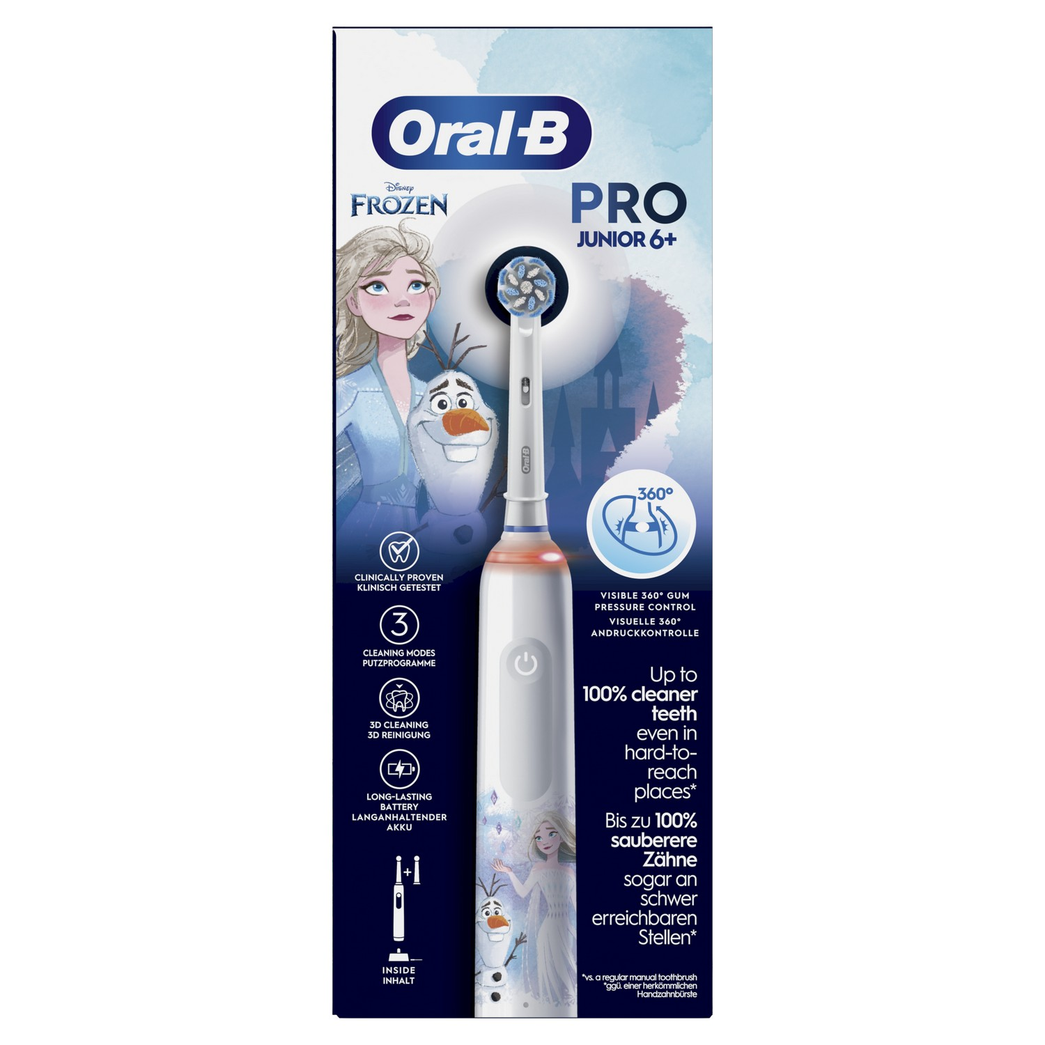 Oral-B Frozen toothbrush with Elsa and Olaf on the packaging, product details are visible.