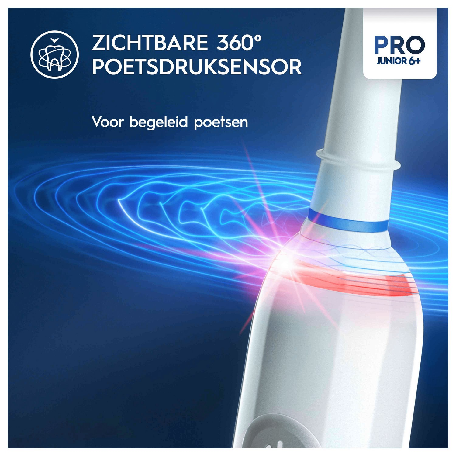 Close-up of an electric toothbrush with a blue light and text.