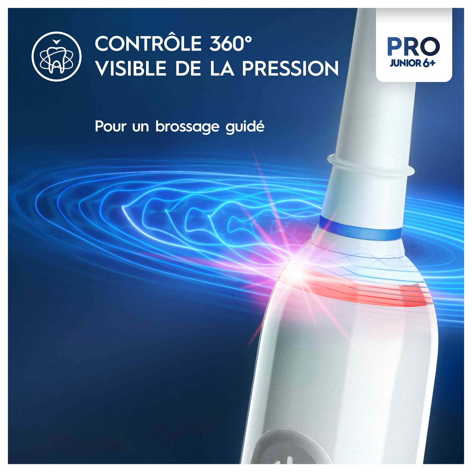 Brosse à dents électrique blanche avec effets de lumière bleue et rouge. Le texte dit 'Contrôle de pression visible à 360°'.