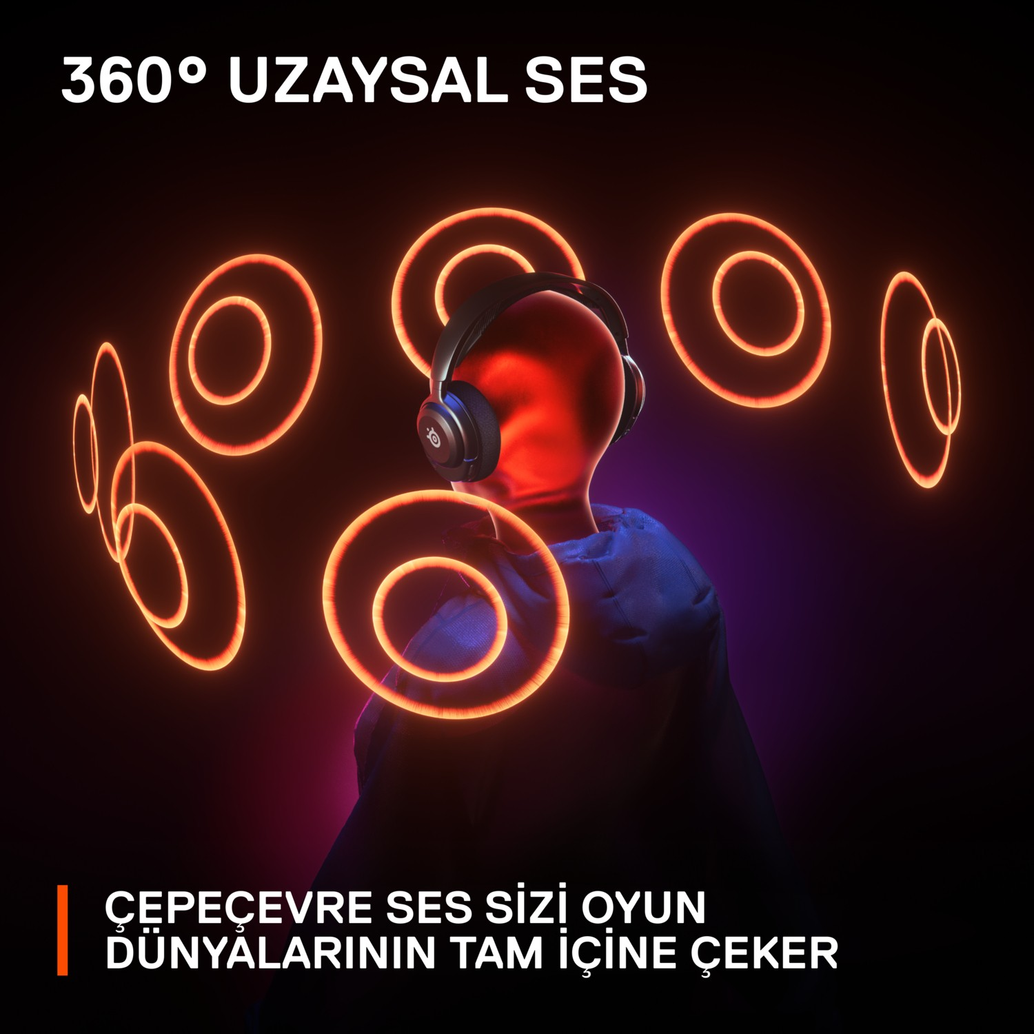 Kırmızı kafalı ve mavi paltolu bir kişi kulaklık takıyor. Turuncu halkalar kişinin etrafını sarıyor.