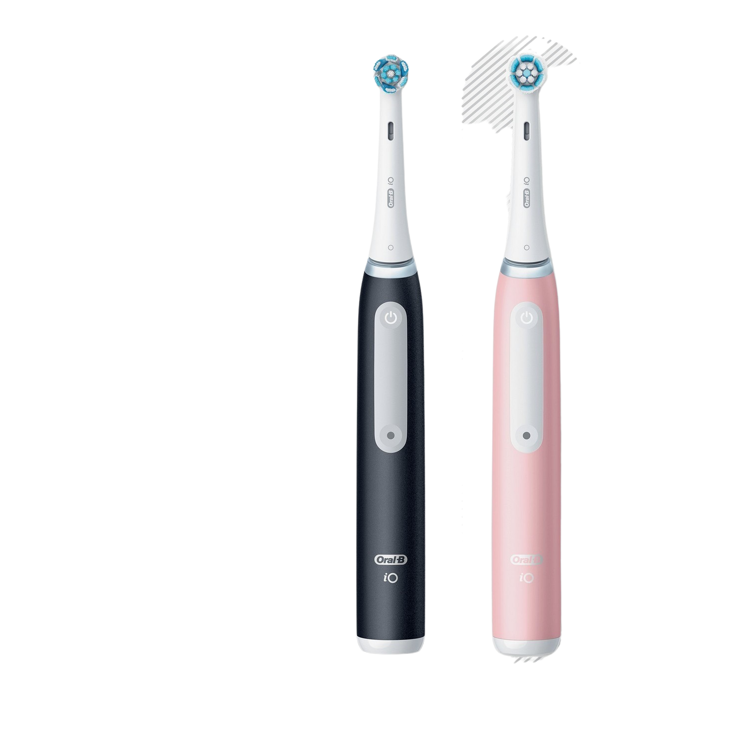 Two Oral-B iO electric toothbrushes, one black and one pink, on a black background.