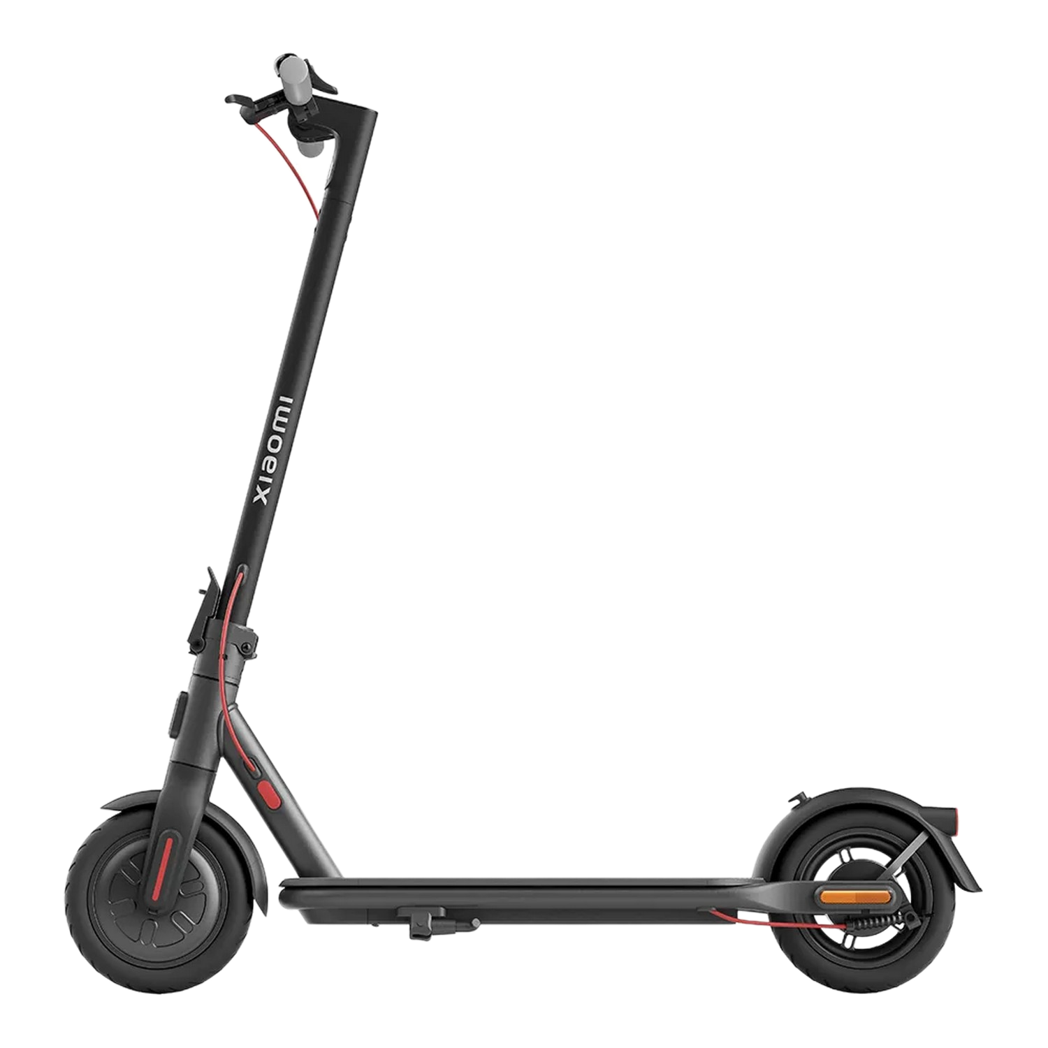 Une trottinette électrique Xiaomi noire avec des accents rouges, sur fond blanc.