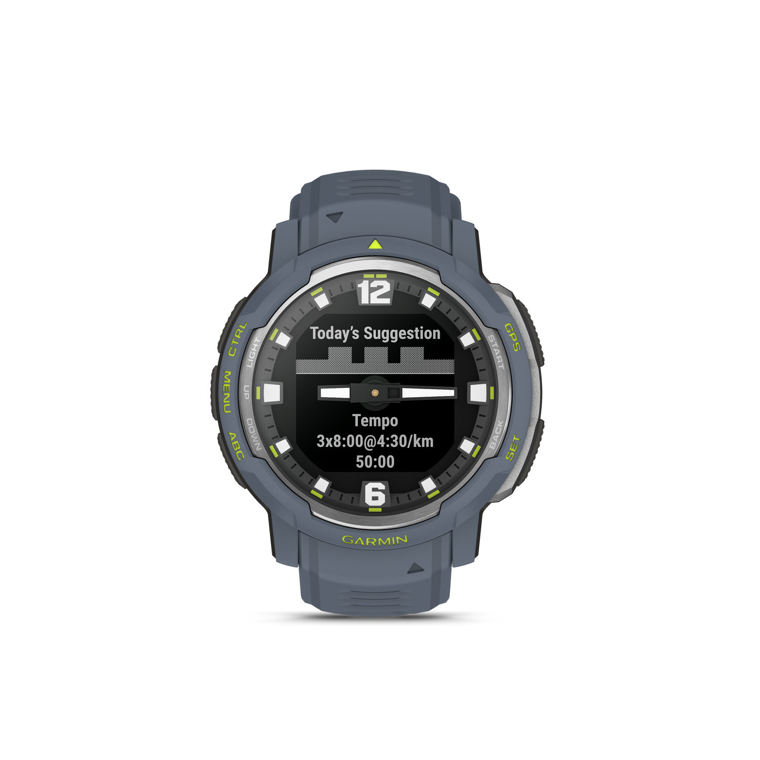 Een Garmin-horloge toont trainingsgegevens op een zwarte achtergrond.