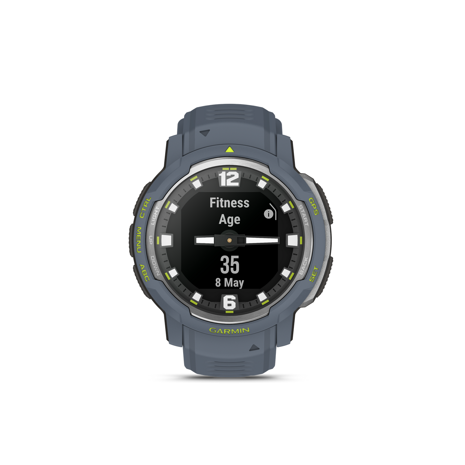 Garmin fitness horloge met 'Fitness Age' en '35'. Grijs horloge met zwart scherm.