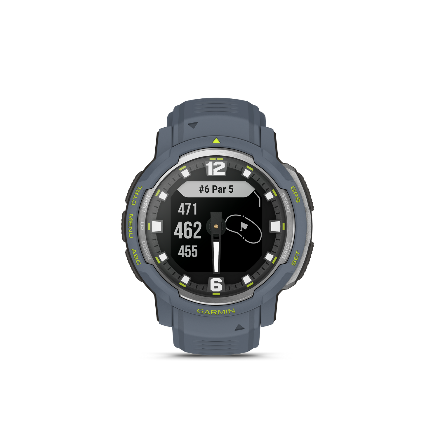 Garmin horloge, golf interface, grijze band, zwarte achtergrond, nummers.