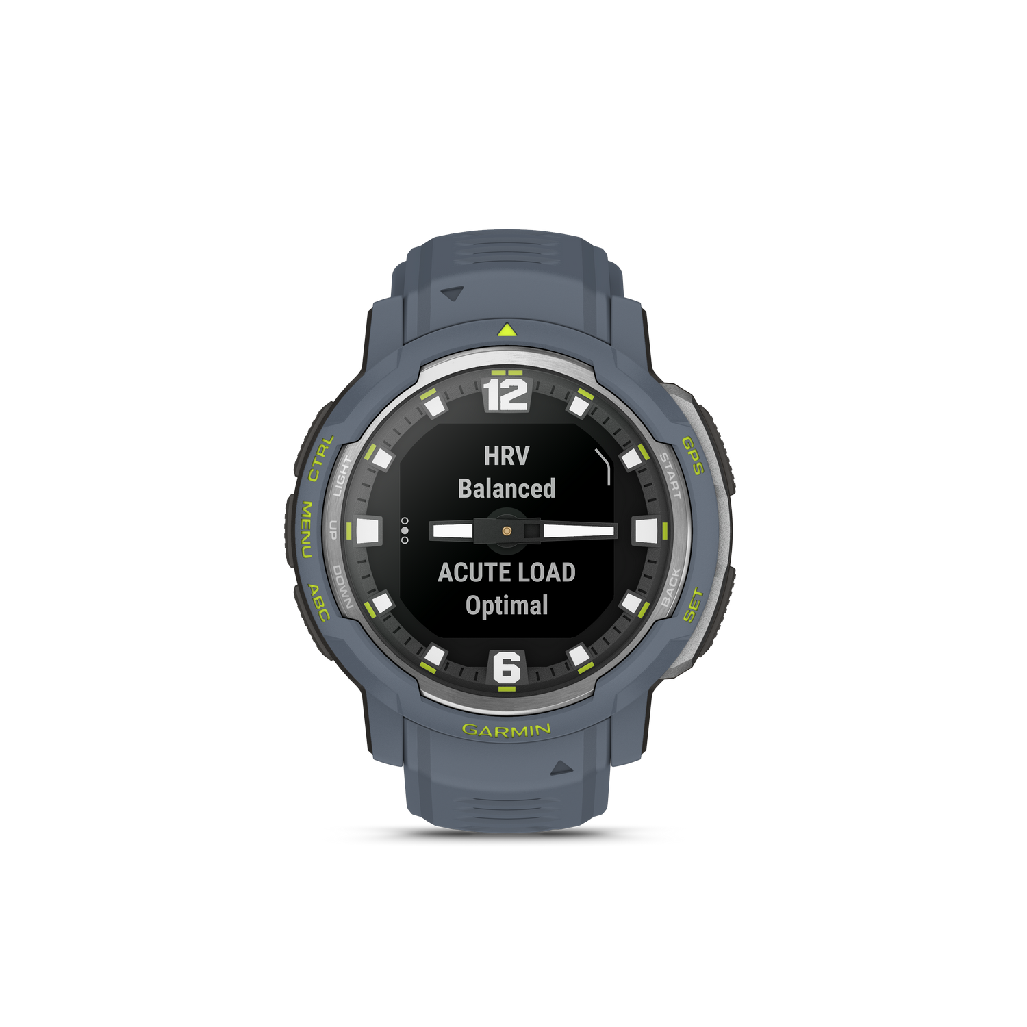 Garmin horloge, grijs en zwart. Toont HRV, Acute Load en tijd. Zwarte achtergrond.