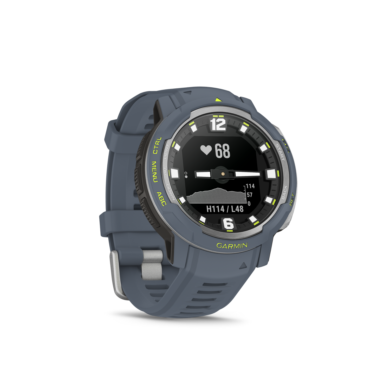 Grijze smartwatch met zwart scherm. Toont tijd, hartslag en statistieken. Zwarte achtergrond.