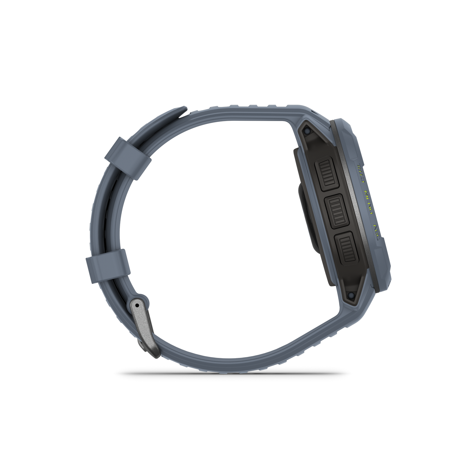 Een grijze smartwatch op een zwarte achtergrond. Het horloge heeft een donkere rand en een grijze band.
