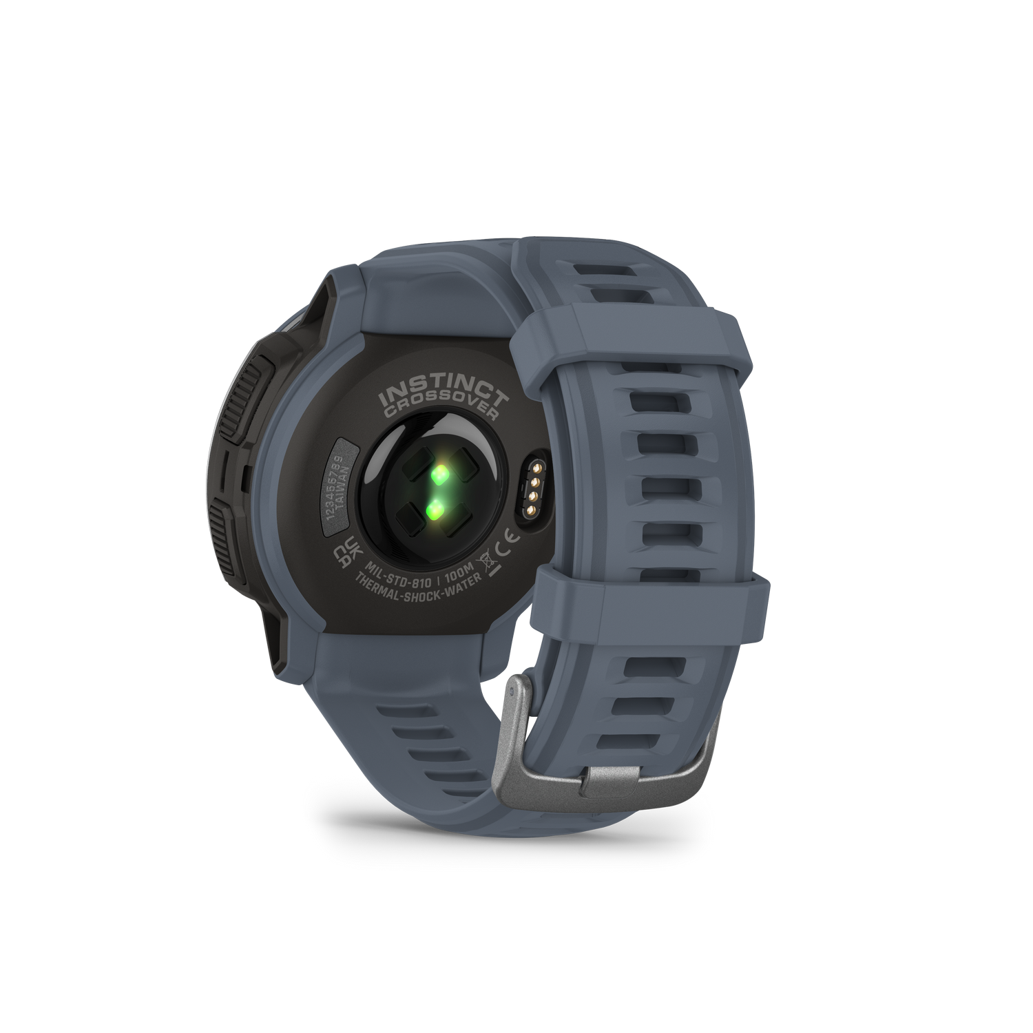Een grijze smartwatch met een grijze band, tegen een zwarte achtergrond.