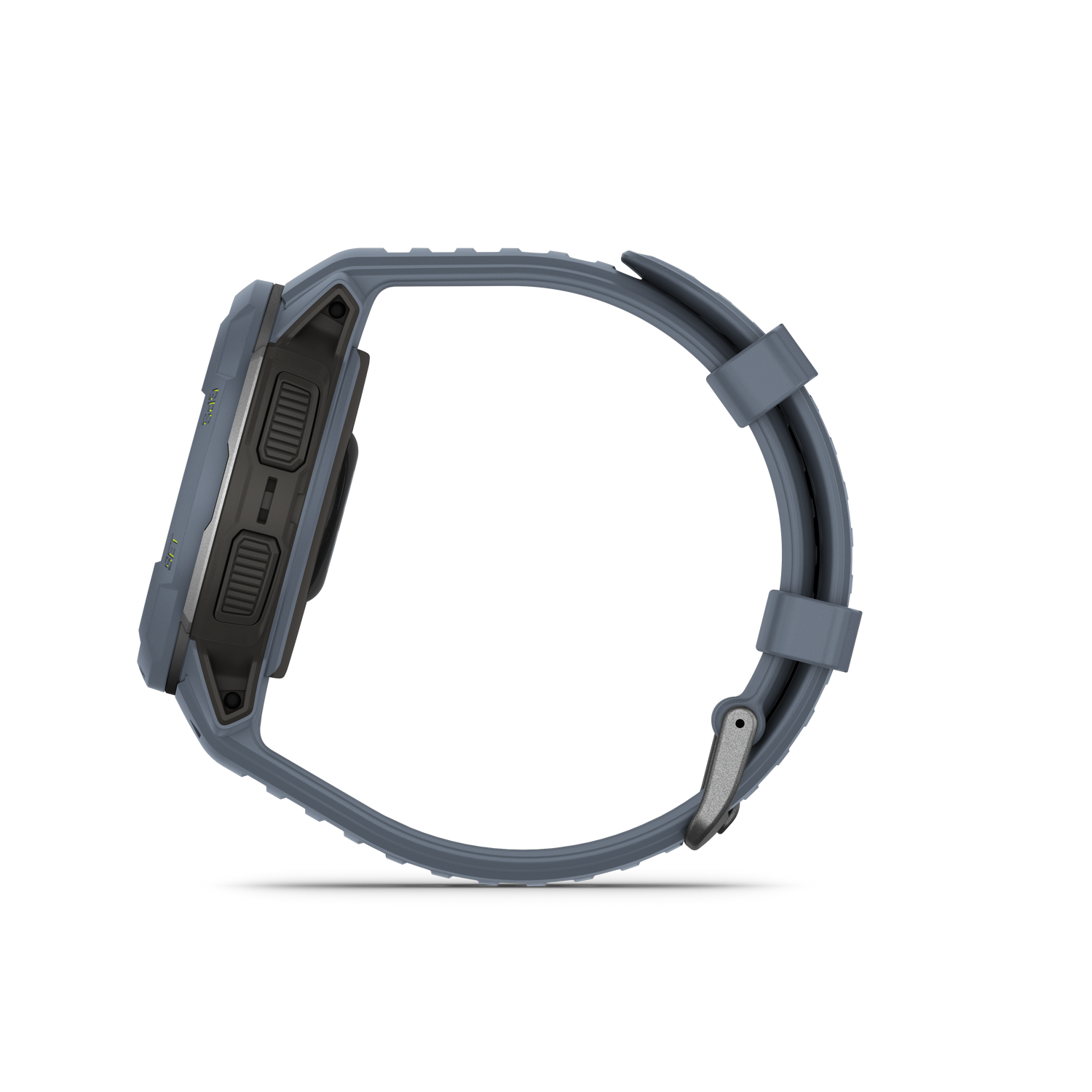 Grijze smartwatch met blauwe band, zijaanzicht. Knoppen links. Zwarte achtergrond.