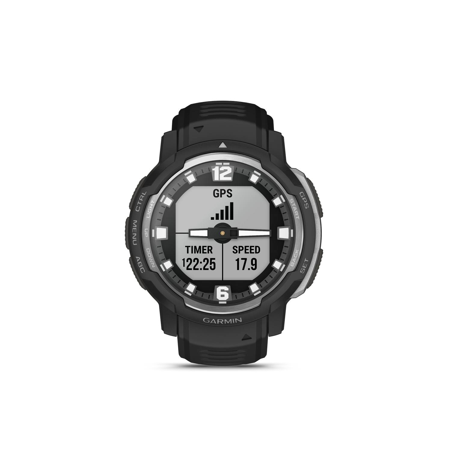 Zwart Garmin GPS-horloge met een digitaal display. Toont timer, snelheid en signaalsterkte.