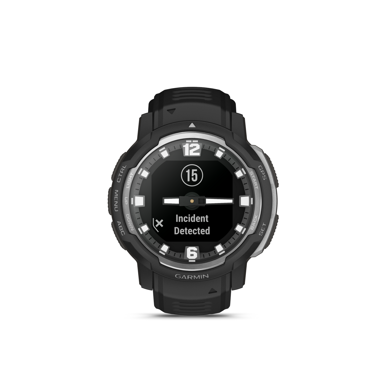 Zwarte Garmin smartwatch met 'Incident Detected'. De watch heeft een ronde wijzerplaat en knoppen.