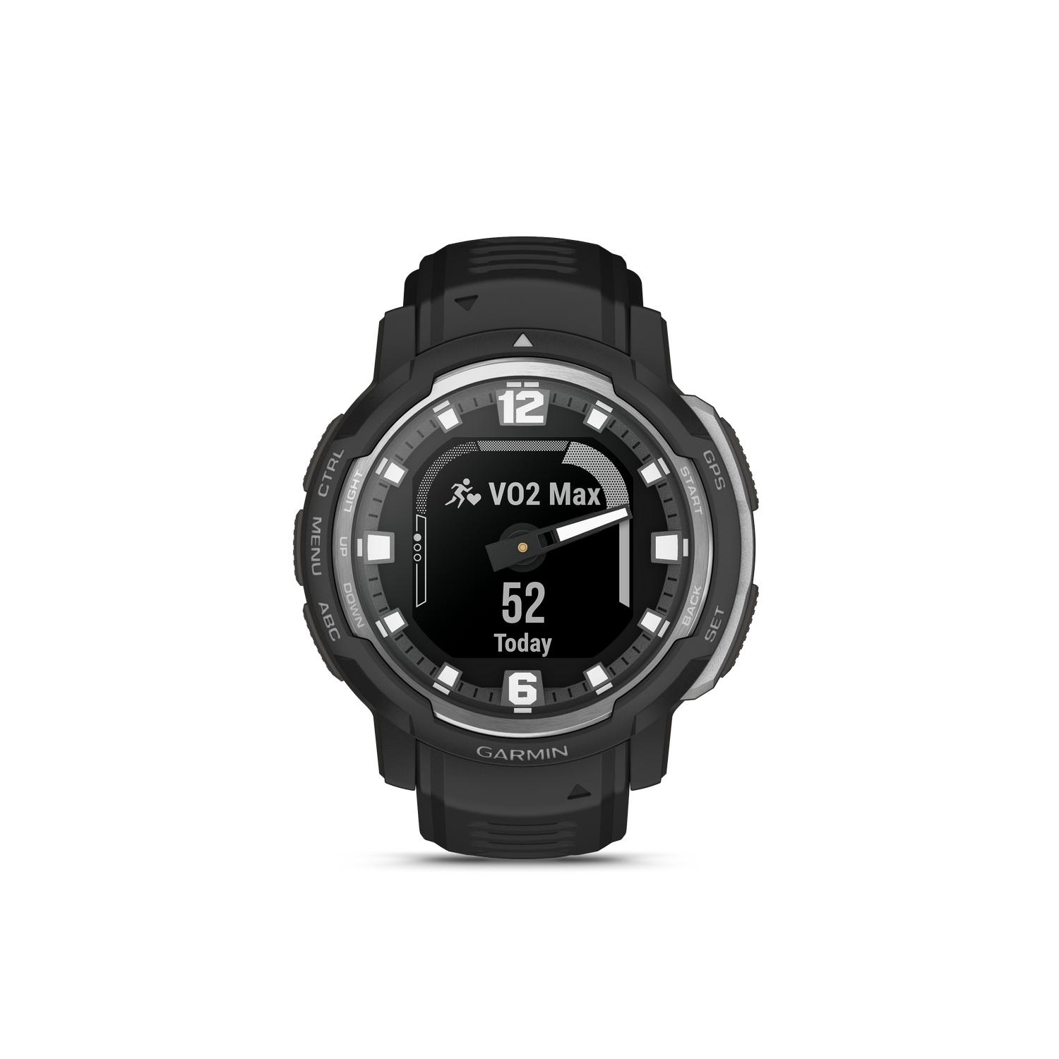 Zwarte Garmin smartwatch met een digitaal display op een zwarte achtergrond.