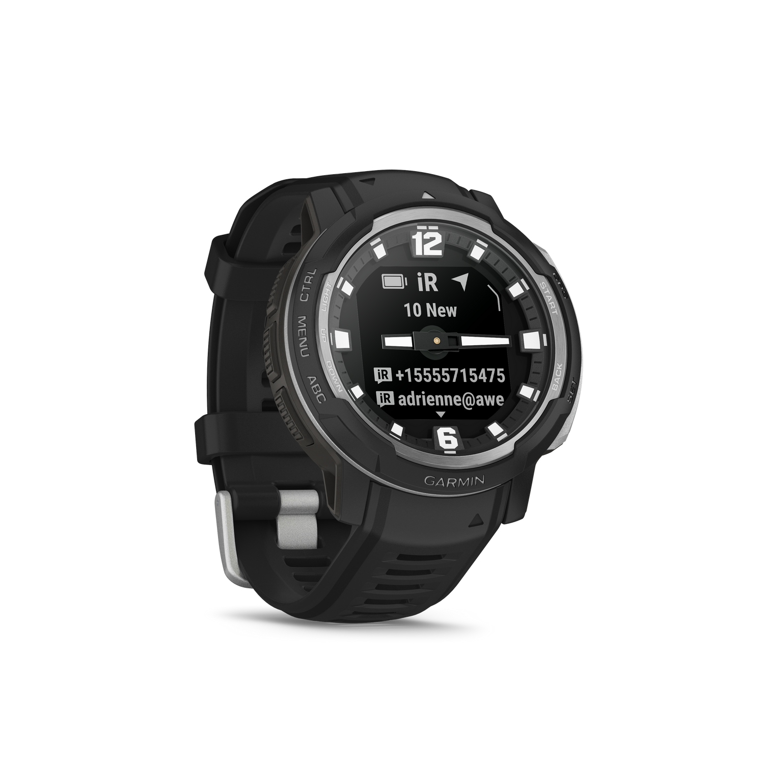Garmin horloge, zwart met display met tijd, contactinfo, op een zwarte achtergrond.