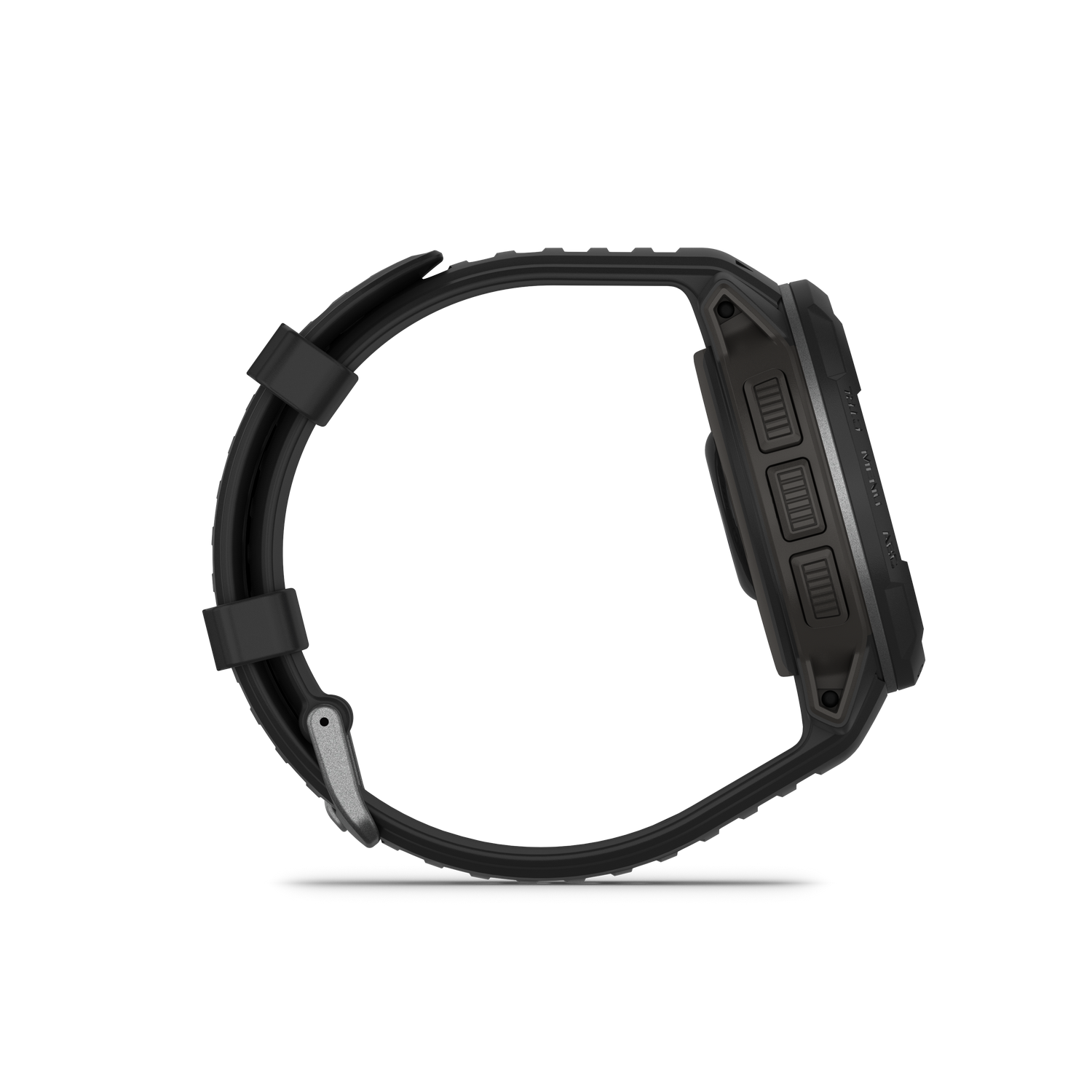 Een zwarte smartwatch, zijaanzicht, met een zwarte band. Voorzien van knoppen aan de zijkant.