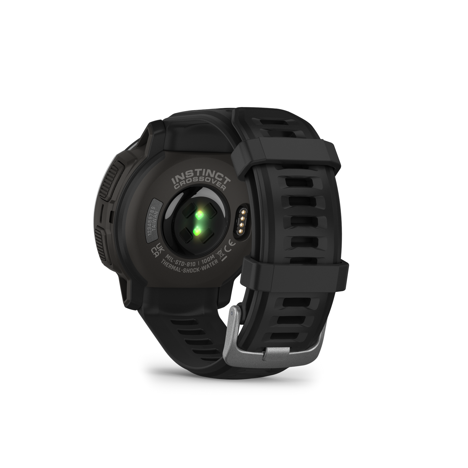 Zwarte smartwatch met zwarte band. Achterkant toont sensoren en merknaam.