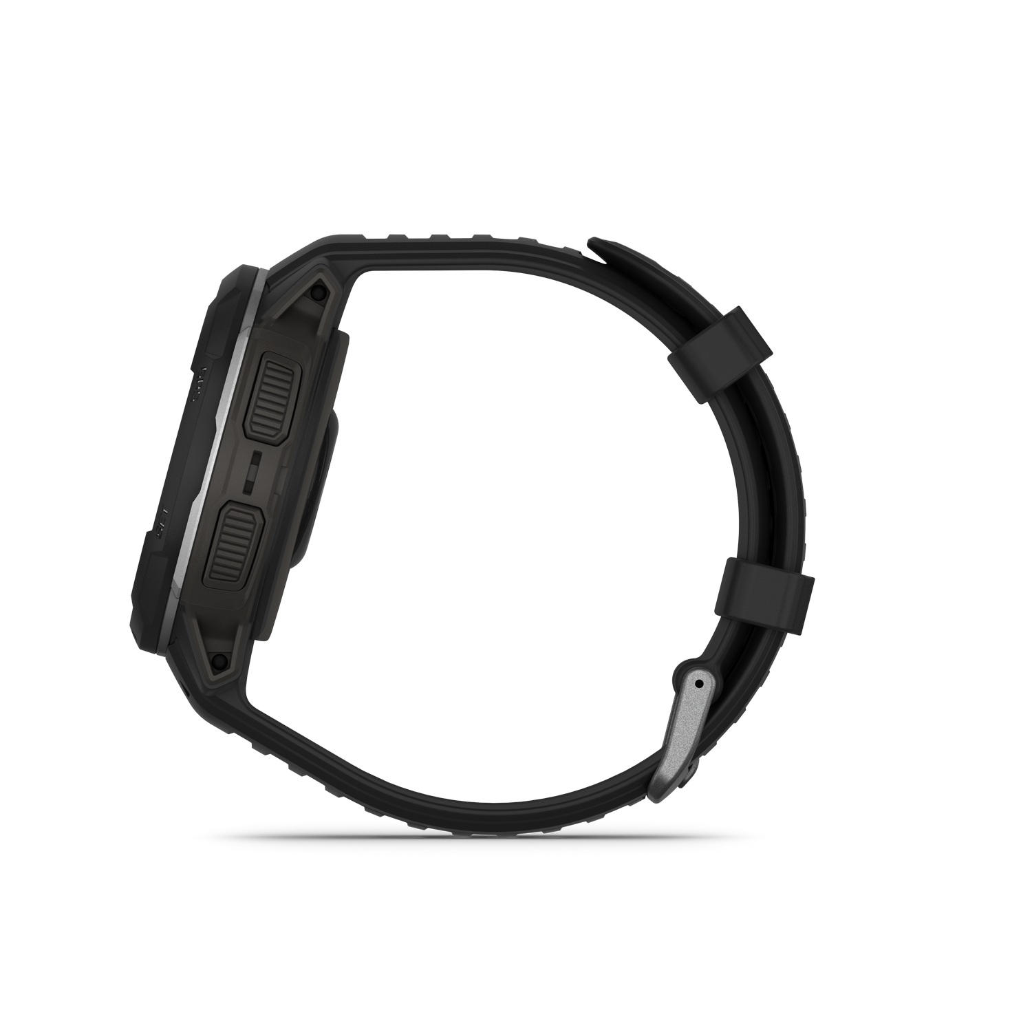 Een zwarte smartwatch met een zwarte band, zijaanzicht. Knoppen zijn zichtbaar aan de zijkant.
