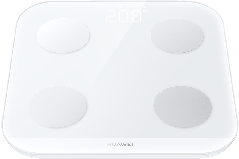 Egy fehér okosmérleg 4 körrel, 20,8-at mutat a képernyőn. A márkanév Huawei.